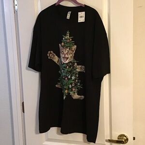 Black T-Shirt with Festive Cat in a Christmas Tree Design 2XL